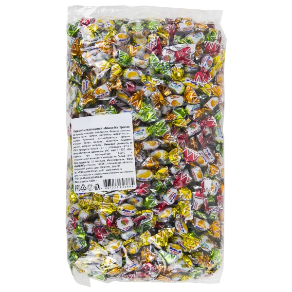 Карамель леденцовая МИНИ-М Тропик, ассорти (апельсин, банан, малина, ананас), 1кг, 622301