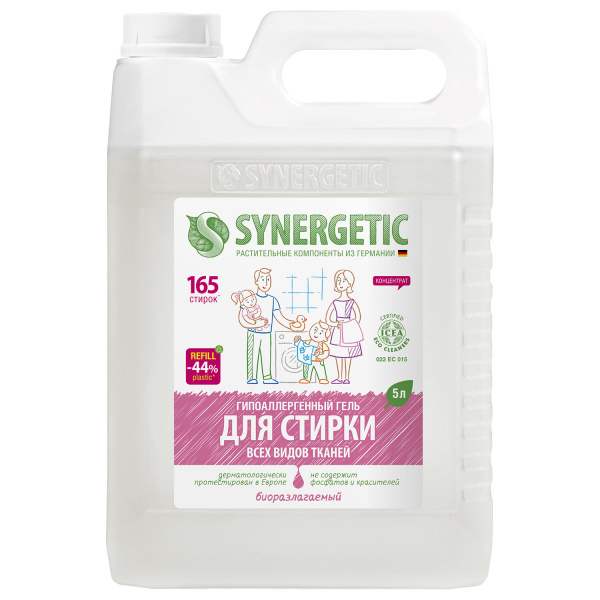 Гель для стирки для всех видов тканей 5л SYNERGETIC, гипоаллергенный, 109500 608033