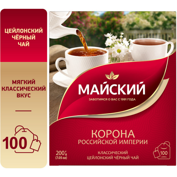Чай МАЙСКИЙ "Корона Российской Империи" черный цейлонский, 100 пакетиков по 2 г, 113159 620420