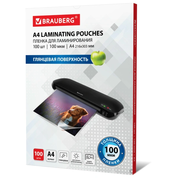 Пленки-заготовки д/ламинирования А4, КОМПЛЕКТ 100шт, 100 мкм, BRAUBERG, 530801