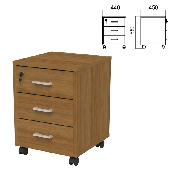 Тумба подкатная "Арго" (ш440*г450*в580 мм), 3 ящика, замок, орех, АТ-03, 641395