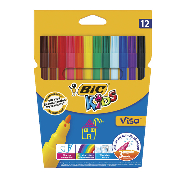 Фломастеры BIC "Kids Visa", 12 ЦВЕТОВ, суперсмываемые, вентилируемый колпачок, европодвес, 889695 150357
