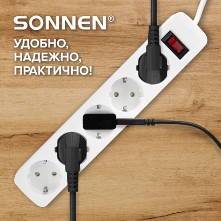 Сетевой фильтр SONNEN SPW-305, 5 розеток с заземлением, выключатель, 10 А, 3 м, белый, 513654 - МСК «Форвард»