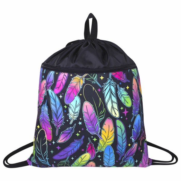 Мешок для обуви BRAUBERG БОЛЬШОЙ, с ручкой, карман на молнии, сетка, 49х41 см, Feathers, 271057