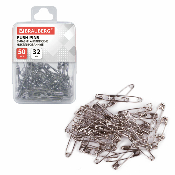 Булавки английские BRAUBERG 32 мм никелированные, 50 шт., в пласт. коробке с европодвесом, 223970