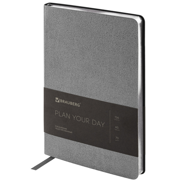 Ежедневник недатированный А5 138х213мм BRAUBERG Metallic под кожу, 136л, гибкий, серебряный, 113377