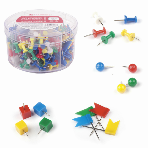 Набор BRAUBERG силовые кнопки 60шт, шарики 60шт, кубики 60шт, флажки 60шт, цилиндр, 223518