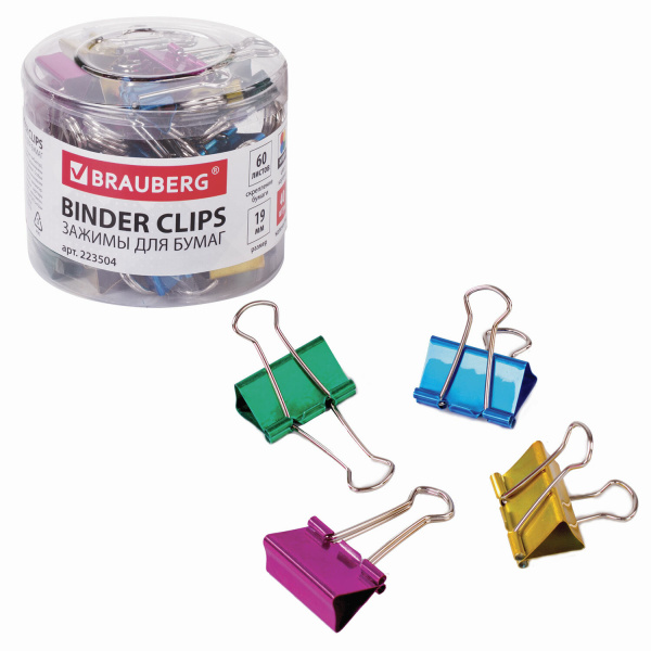 Зажимы для бумаг BRAUBERG, КОМПЛЕКТ 40 шт, 19 мм, на 60 листов, цвет металлик, пласт. цилиндр,223504