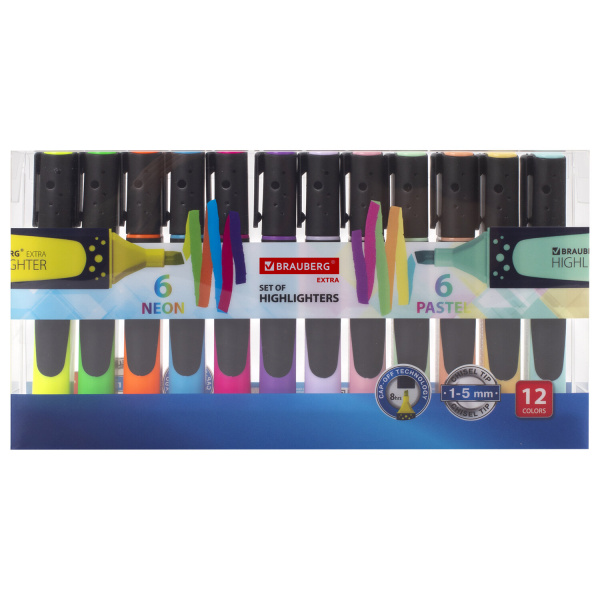 Набор текстовыделителей 12 ЦВЕТОВ на подставке, BRAUBERG"EXTRA", прорезиненный корпус, 1-5 мм,151758