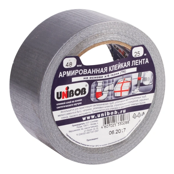 Клейкая лента АРМИРОВАННАЯ 48мм х 25м, ТКАНЕВАЯ ОСНОВА, прочная, европодвес, UNIBOB, 29836 600855