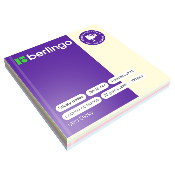 Блок самоклеящийся (стикеры) Berlingo "Ultra Sticky", 75*75мм, 100л., 4 пастельных цвета LSn_39601 287195
