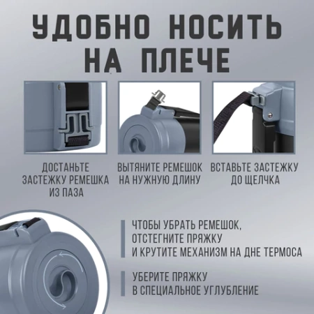 Термос классический, нержавеющая сталь 2 л, черно-серый, 2 кружки, ручка + ремешок, TAIGARU (ТАЙГАРУ), 608818 - МСК «Форвард»