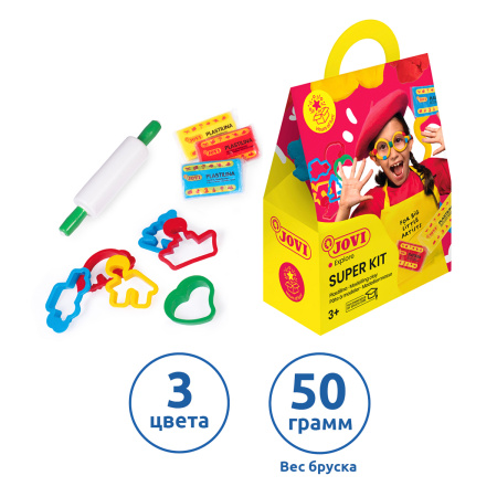 Пластилин растительный JOVI "Super kit", 03 цвета, 150г, растительный, 6 формочек, 1 скалка, картонная упаковка 153 352372 - МСК «Форвард»