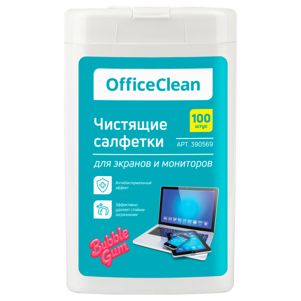 Влажные портативные чистящие салфетки OfficeClean для экранов и мониторов, 100шт. (малая плоская туба), бабл-гам 390569 ЧЕСТНЫЙ ЗНАК!