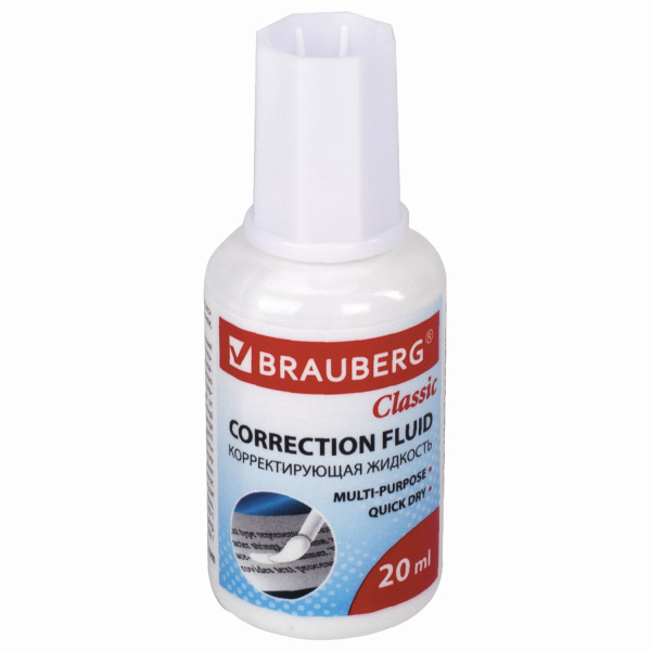 Корректирующая жидкость BRAUBERG "Classic" быстросохнущая, 20 мл, с кисточкой, 220255