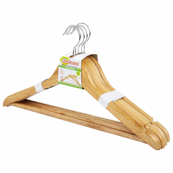 Вешалки-плечики р.48-50, КОМПЛЕКТ 5шт, деревянная, перекладина, цвет сосна, ЛЮБАША Эконом, 604895
