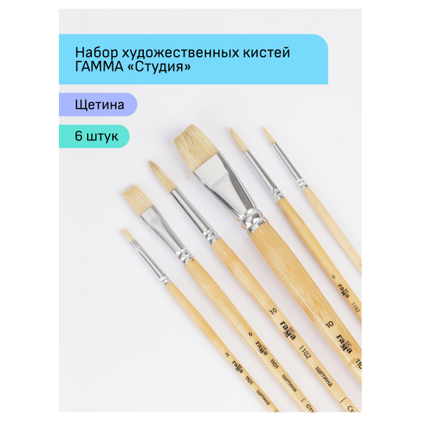 Набор художественных кистей щетина Гамма "Студия", 6шт., круглые №2, 6, 10 плоские №2, 6, 10, блистер, европодвес 11001006 349322 - МСК «Форвард»