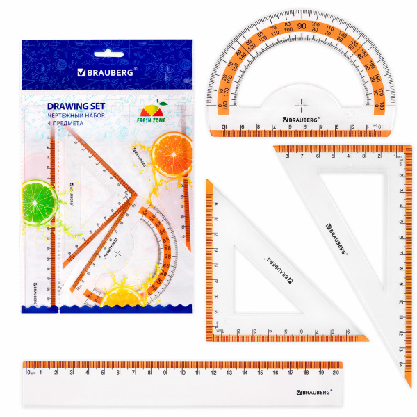 Набор чертежный средний BRAUBERG "FRESH ZONE" (линейка 20см, 2 треуг., трансп), оранж. шкала, 210763