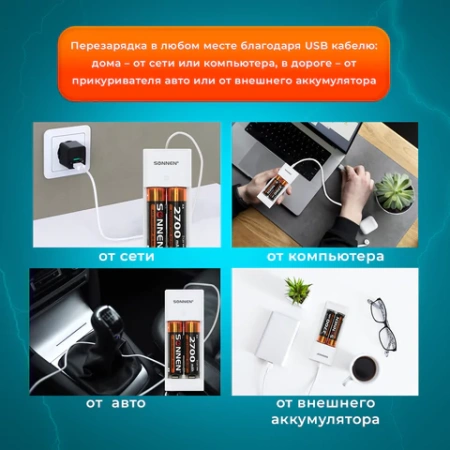 Зарядное устройство с аккумуляторами 4 шт. (2+2) AA+AAA (HR6+HR03), 2700 mAh + 1000 mAh, SONNEN (СОНЕН) BC2, 455005 - МСК «Форвард»