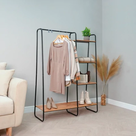 Вешалка-стеллаж ZMI "Скандинавия-1", 1470х1100х385 мм, 5 полок, металл/ЛДСП, черная/дуб, ГСС1 Ч 700930 - МСК «Форвард»