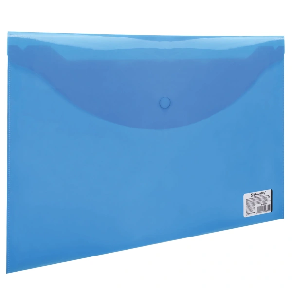 Папка-конверт с кнопкой BRAUBERG, А4, до 100 л, прозрачная, синяя, 0,15 мм, 221637