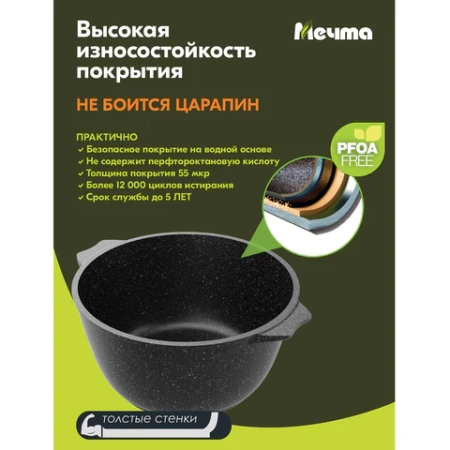 Кастрюля 2 л с жаропрочной крышкой 20 см, антипригарное покрытие, МЕЧТА "Гранит Black", 42802 700720 - МСК «Форвард»