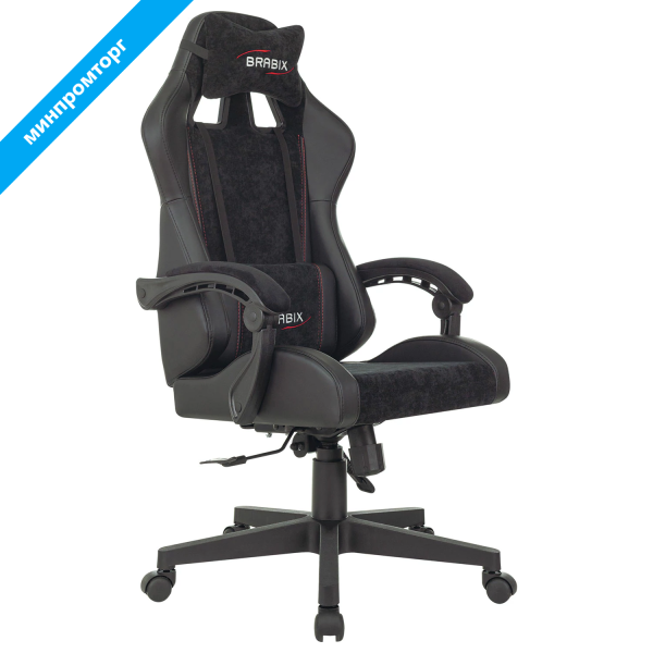 Кресло компьютерное BRABIX "Striker GM-121", синхромеханизм, 2 подушки, экокожа/велюр, черное, 532962 минпромторг