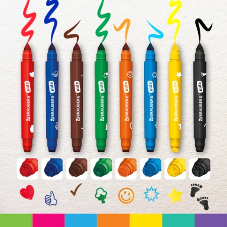 Фломастеры-штампы двусторонние "FUNNY STAMPS", 8 цветов, BRAUBERG KIDS, картонная коробка с европодвесом, 152179 - МСК «Форвард»