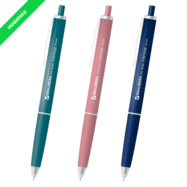 Ручка шариковая автоматическая BRAUBERG "OIL-BASE VINTAGE", корпус ассорти, СИНЯЯ, пишущий узел 0,5 мм, линия письма 0,3 мм, 144500
