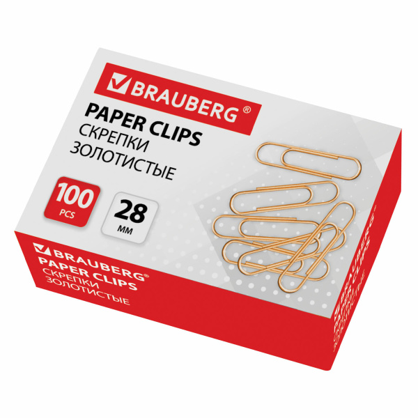 Скрепки BRAUBERG 28 мм золотистые, 100 шт., в карт. коробке, 221529