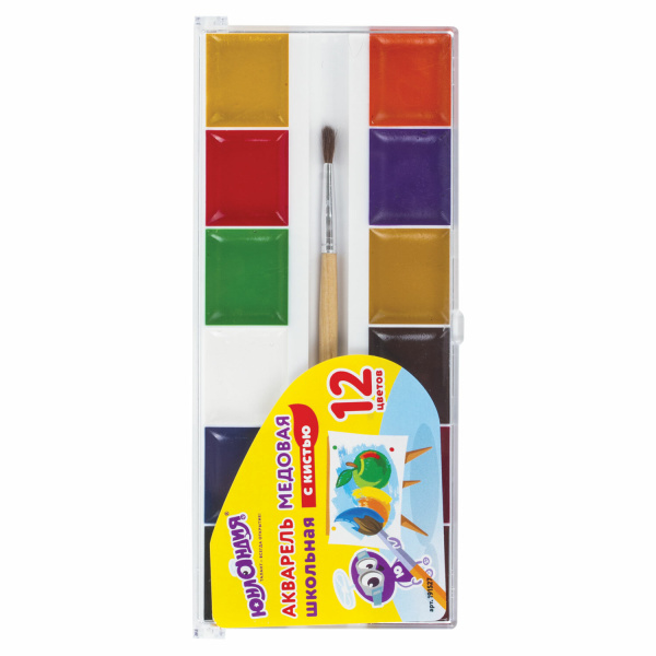 Краски акварельные ЮНЛАНДИЯ "ШКОЛЬНЫЕ", 12 цв.,медовые,увеличенный объем кювет,КИСТЬ,пластик,191527