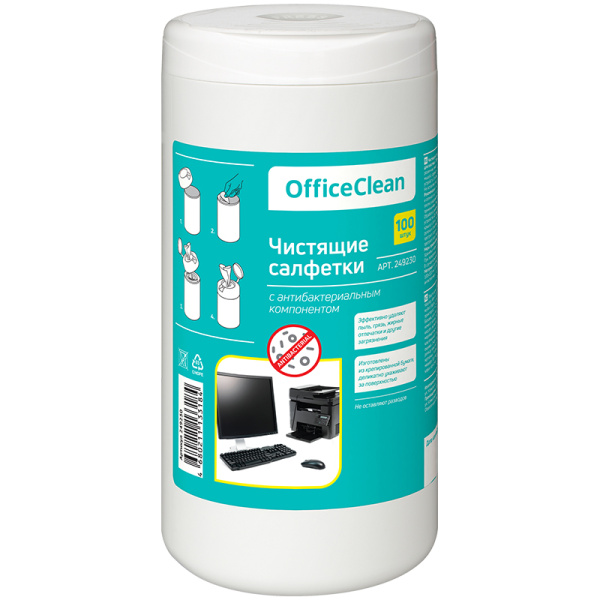 Салфетки чистящие влажные OfficeClean, универсальные, антибактериальные, в тубе, 100шт 249230 ЧЕСТНЫЙ ЗНАК!