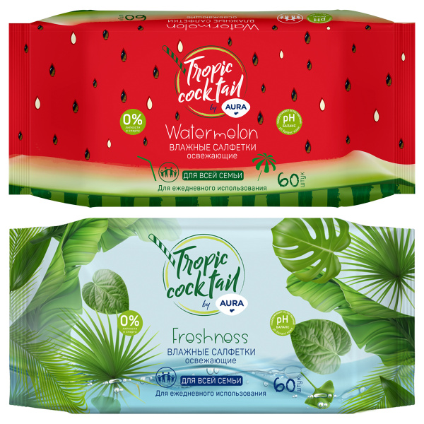 Салфетки влажные 60шт., Aura "Tropic coctail", освежающие 4600999006968 229649 - МСК «Форвард»