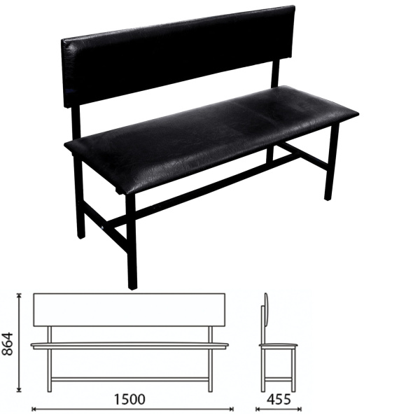 Банкетка со спинкой "Берта" (ш1500*г455*в864), УСИЛЕННАЯ, черн.каркас, кожзам черн,разбор.,БМ6 К01 531265