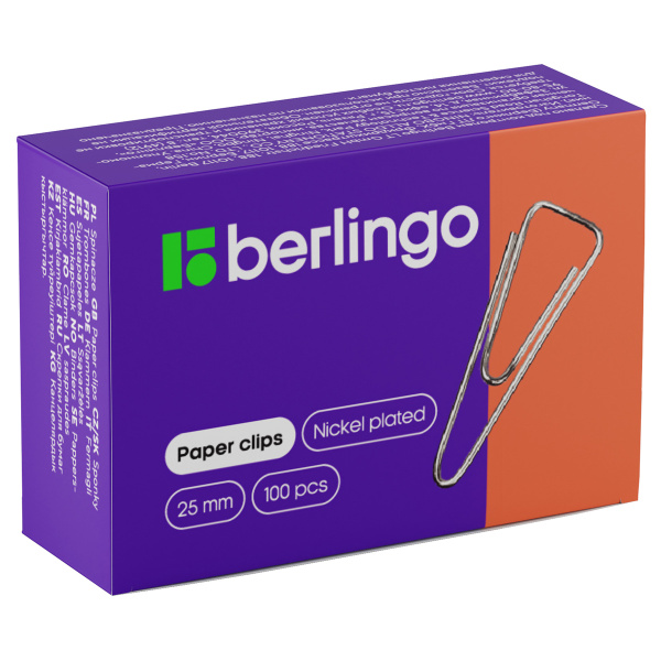 Скрепки 25мм, Berlingo, 100шт., никелированные треугольные, с отогнутым носиком, карт. упаковка BK2510n 115995
