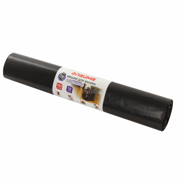 Мешки для мусора 160л черные в рулоне 10 шт особо прочные, ПВД 100 мкм, 90х110см, LAIMA, 601798