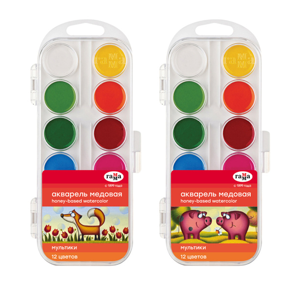Краски акварельные ГАММА "Мультики NEW", 12 цветов, медовая, пласт. кор, европодвес,211046_12 300254