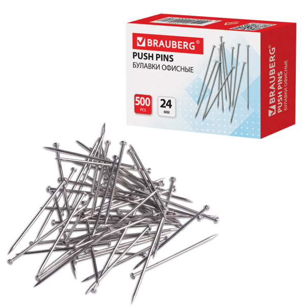 Булавки универсальные BRAUBERG 24 мм 500 штук, в картонной коробке, 220562