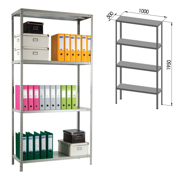 Стеллаж металлический ПРАКТИК "MS KD", сборная стойка, (в1950*ш1000*г500мм), 4 полки MS 200/100х50/4 290966