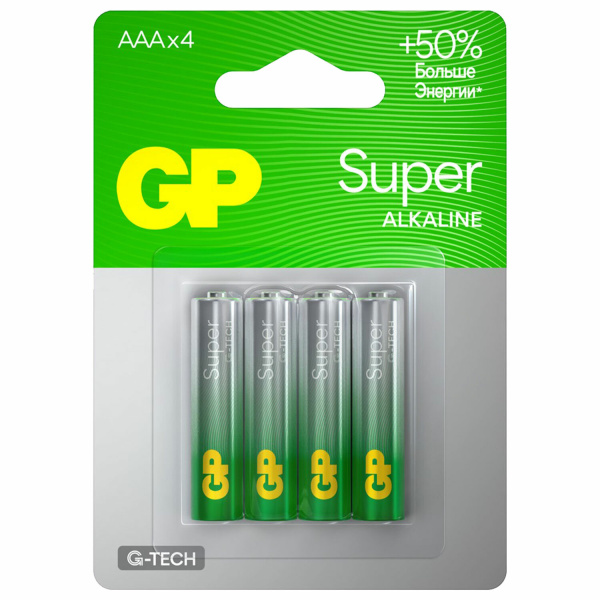 Батарейки КОМПЛЕКТ 4 шт, GP Super, AAA (LR03, 24А), алкалиновые, мизинчиковые, блистер, 24A-2CR4 450436