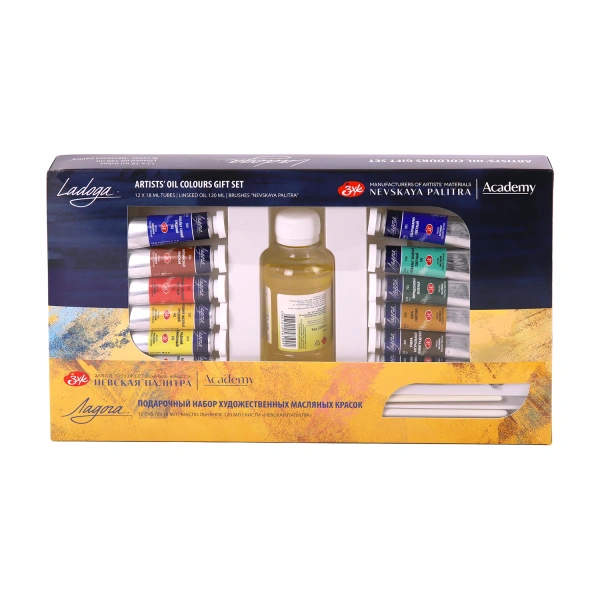 Краски масляные художественные "Ладога", 12 цветов по 18 мл + масло льняное 120 мл+ 2 кисти, 1241967  191036