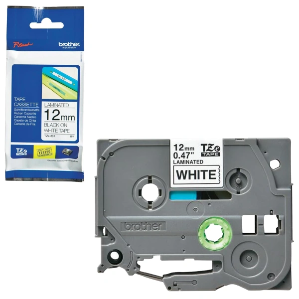 Картридж для принтеров этикеток BROTHER TZE231, 12мм*8м, чёрный шрифт, белый фон, ламинированная TZE 361302