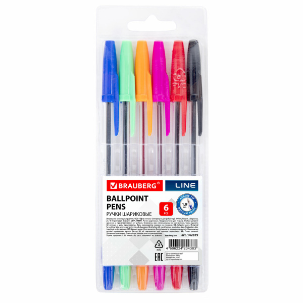 Ручки шариковые BRAUBERG НАБОР 6шт, АССОРТИ, Line, корпус прозрачный, 1мм, линия 0,5мм, 142819
