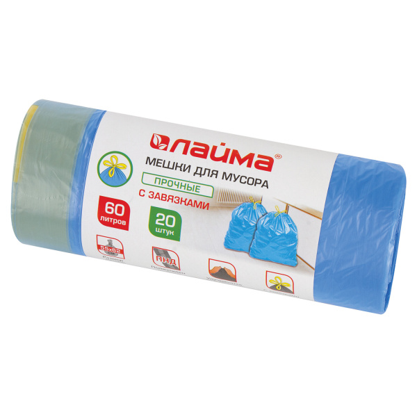 Мешки для мусора с завязками 60л синие в рулоне 20 шт прочные, ПНД 12 мкм, 55х62см, LAIMA, 601397