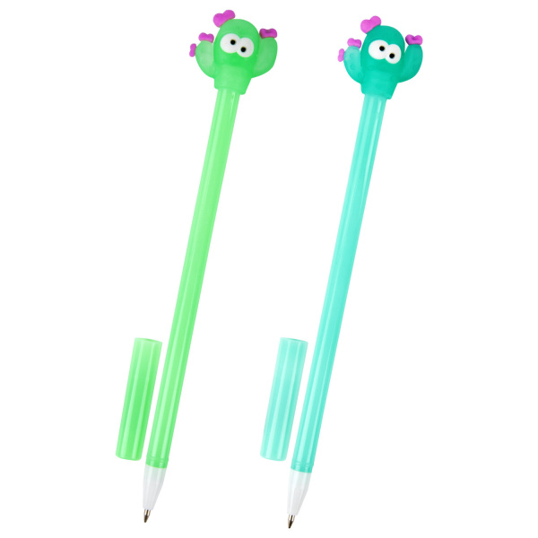 Ручка с топпером шариковая ЮНЛАНДИЯ "Цветущий кактус", корпус ассорти, СИНЯЯ, узел 0,7мм, КОМПЛЕКТ 12шт 143781