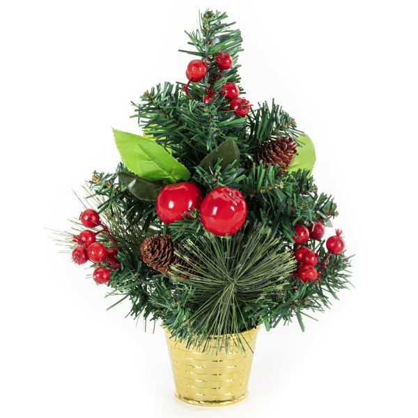 Ель искусственная декоративная 30 см, ПВХ, сосновые иголки, шишки, ягоды ЗОЛОТАЯ СКАЗКА 591327