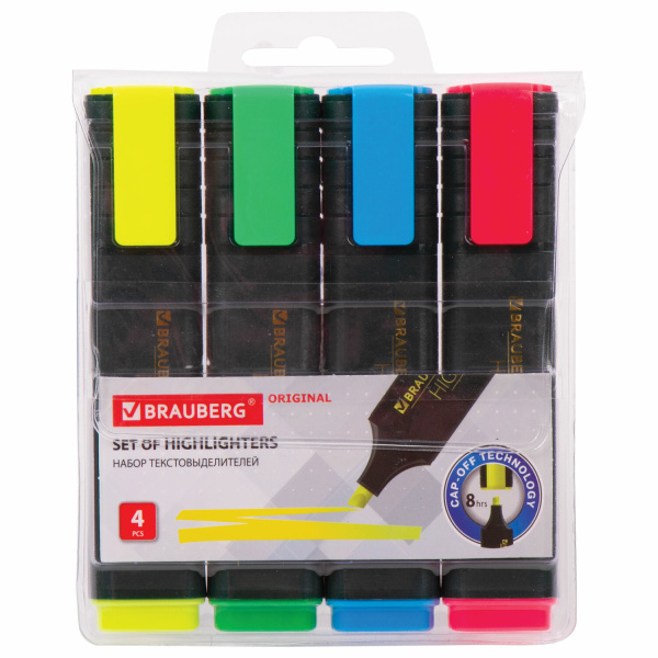 Набор текстовыделителей 4 ЦВЕТА, BRAUBERG "ORIGINAL", линия 1-5 мм, 151689