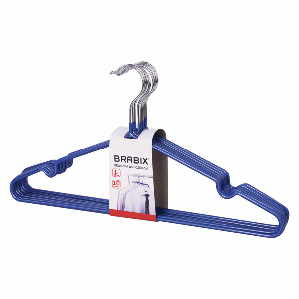 Вешалки-плечики р.48-50, КОМПЛЕКТ 10шт, металл/ПВХ, перекладина, цвет синий, BRABIX Стандарт, 601166