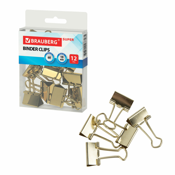 Зажимы для бумаг BRAUBERG EXTRA, КОМПЛЕКТ 12 шт, 19 мм, на 60 л, золотистые, европодвес, 229586