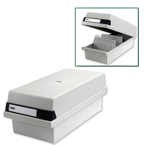 Картотека пластиковая ФОРМАТ А5 (210х148мм) гориз. на 1300 карт,с крышкой,сер,HAN(Германия),НА955/11  231372 ПОД ЗАКАЗ!